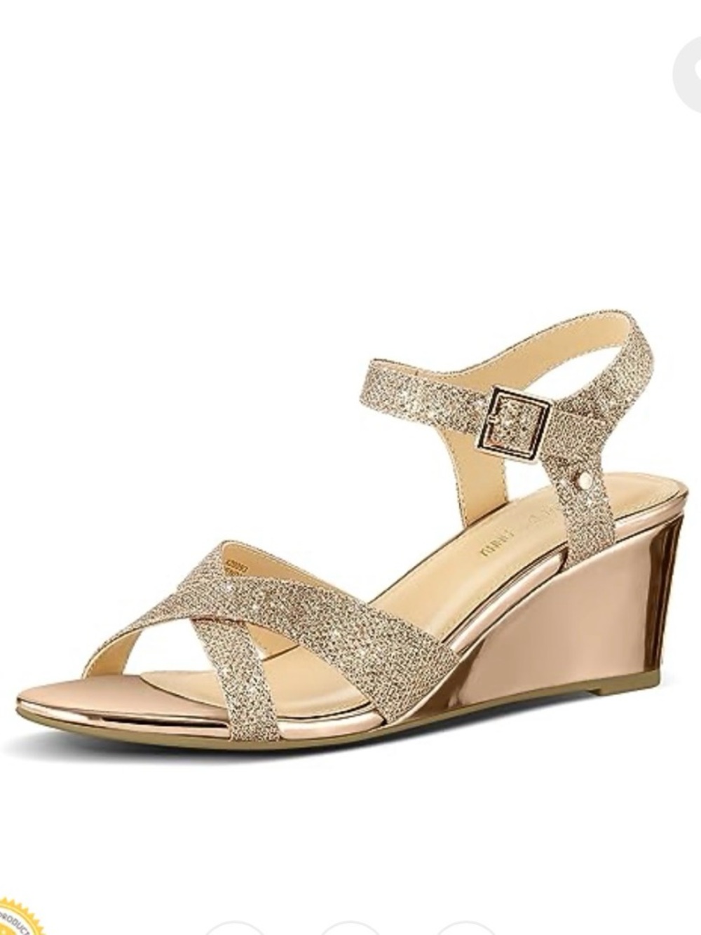 Gold Glitter Ankle-Strap Wedge Sandal- champagne gold